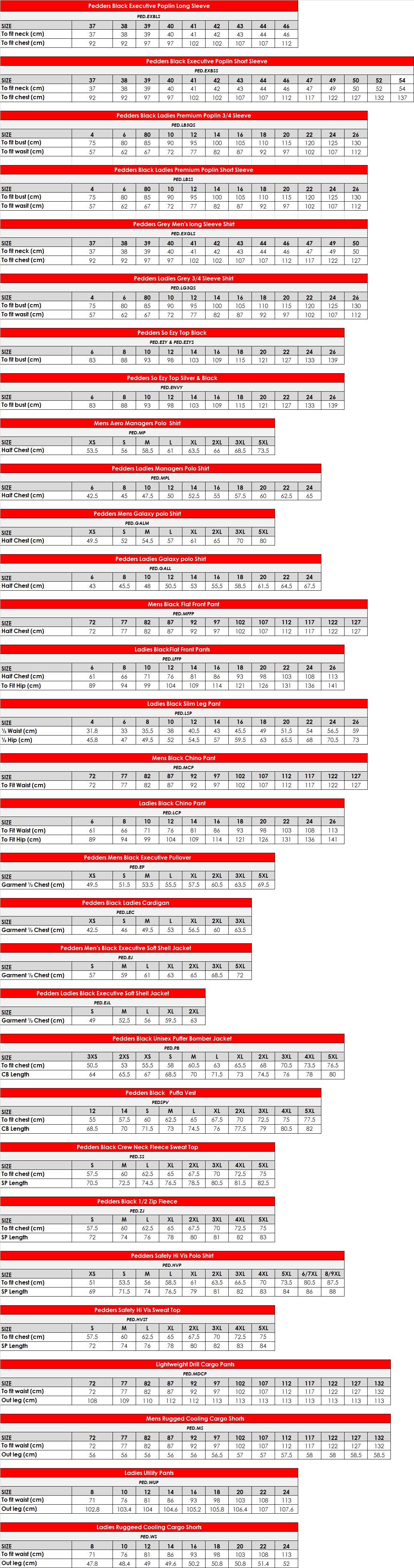 Pedders size chart